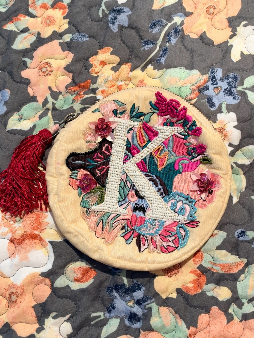 Anna Harlow Russo x Anthropologie Beaded Embroidered “K” Round Pouch Bag - Picture 2 of 2
